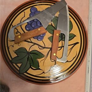 Decorative Ceramic Plate with Grape Design and Cheese Knives